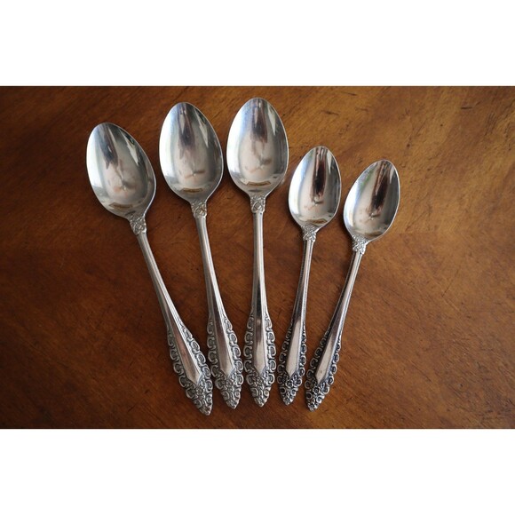 Orleans Silver Black Scroll Floral 5x Dinner Teaspoon Spoon Lot Stainless Japan - Picture 5 of 8